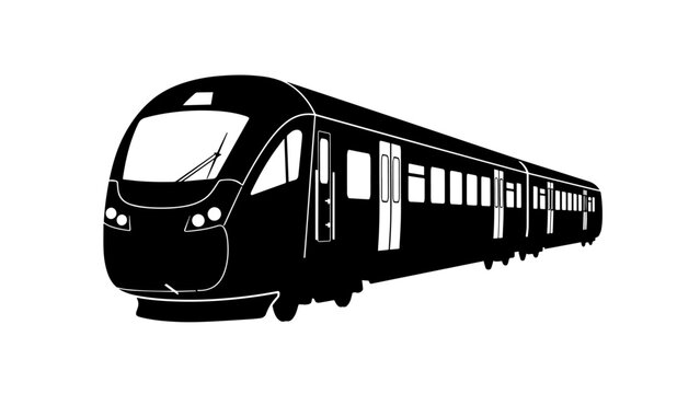 Presented as a bold black silhouette, this modern high-speed train features a sleek aerodynamic nose and a rhythmic sequence of passenger windows and doors set against a plain white background