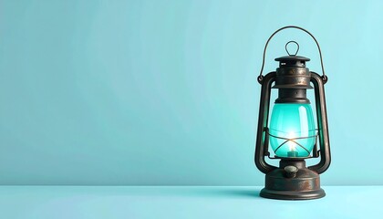 Vintage Kerosene Lantern Illuminating a Tranquil Blue Setting.