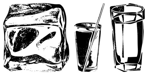 Black and White Stylized Ice Cube and Drinking Glasses Vector Set