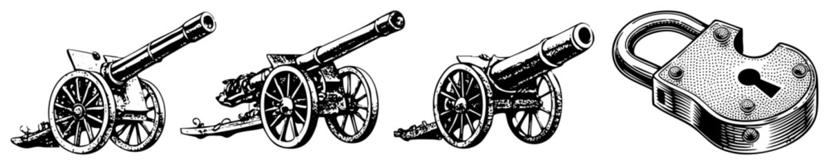 Fototapeta premium Vintage Cannon Artillery and Padlock Security Symbols
