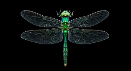 A close-up photo of a vibrant green dragonfly with spread wings on a black background.