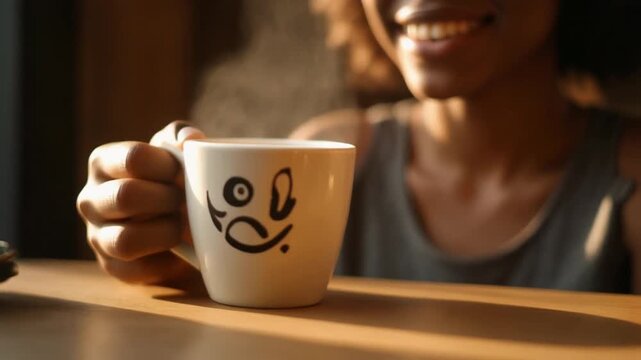 Close-up of a hand holding a white coffee mug with a smiley face design on a wooden table with a woman in the background wearing a gray tank top in a warm indoor setting.
