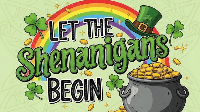 St patrick's day celebration let the shenanigans begin with rainbow pot of gold and leprechaun hat