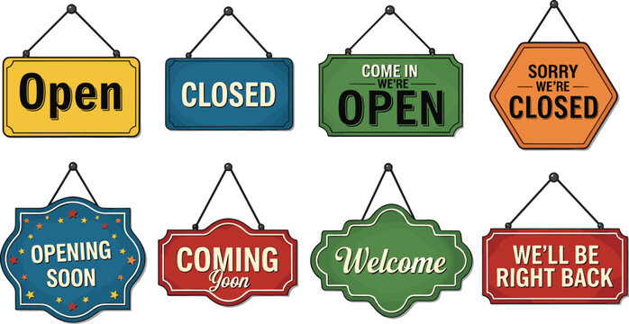 Vector Illustration Set of Colorful Hanging Business Signs Including Open Closed Welcome and Coming Soon for Retail Stores