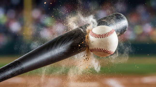 Dynamic close-up of a baseball bat hitting a baseball with dust and energy. Captures motion and impact in a vibrant sports scene. Image made using Generative AI. - Powered by Adobe