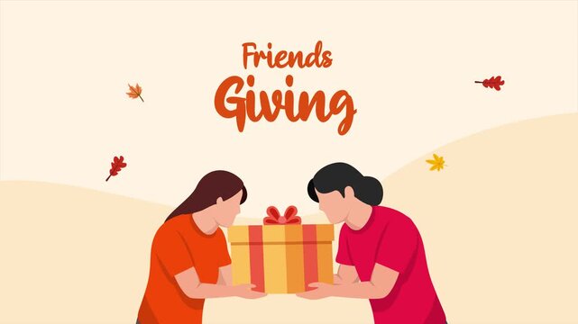 Animated video of gift exchange between friends at a friendsgiving event. Friends giving concept. Full length animation illustration. High quality 4k footage - Powered by Adobe