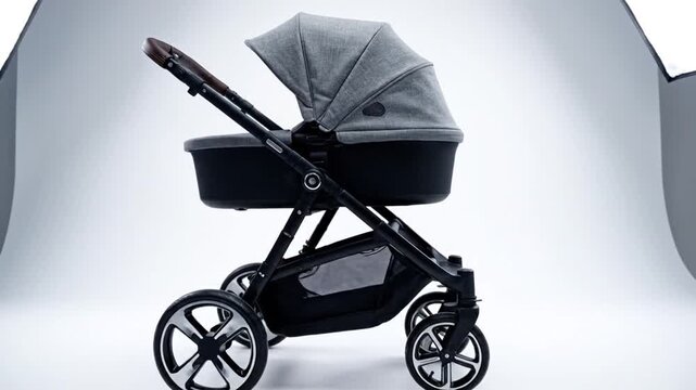 Sleek gray and black baby pushchair featuring a spacious bassinet, perfect for newborns and parents seeking a contemporary and functional infant travel system for daily adventures