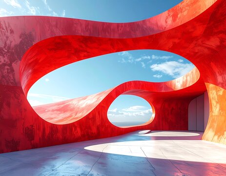 Modern architectural interior with a vibrant red, curved structure framing views of a blue sky and water - Powered by Adobe