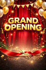 A festive Grand Opening invitation template featuring 3D gold lettering, a red stage curtain background, gold and white balloons, and a ceremonial ribbon.