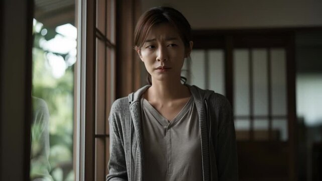 不安で胸を押さえる日本人女性