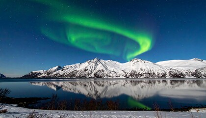 A vibrant green aurora borealis dances above snow-capped mountains reflected in tranquil water at night