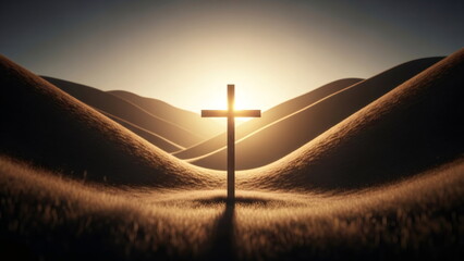 Wooden cross silhouette at sunset in hill field landscape. Symbol of faith, hope, and sacrifice for Christian concept and spiritual journey.