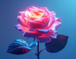 Luminous pink rose with glowing center on teal backdrop
