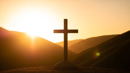 Wooden cross silhouette at sunset in hill field landscape. Symbol of faith, hope, and sacrifice for Christian concept and spiritual journey.