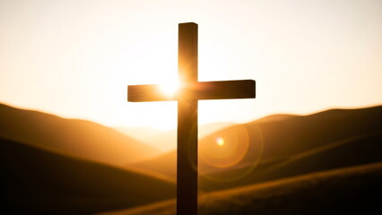 Wooden cross silhouette at sunset in hill field landscape. Symbol of faith, hope, and sacrifice for Christian concept and spiritual journey.