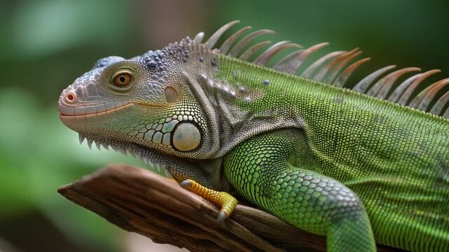 Green iguana on branch. Iguana reptile. Scaly animal. Tropical creature. Wildlife. Green lizard. Close-up. Side view. Natural habitat.