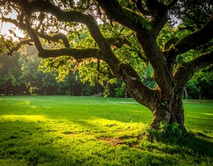 Large tree with spreading branches in a sunlit green field