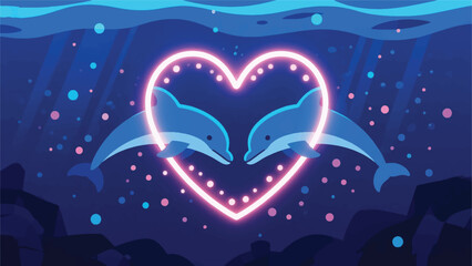 Illustration Of Two Dolphins Creating A Heart-Shaped Light Trail While Swimming, Deep Sea Background With Glowing Particles Vector Design Template © Princess