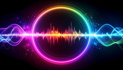 A vibrant, neon-lit sound wave visualization with a central circular design and multicolored waveforms expanding outwards
