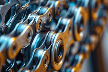 Extreme macro photography of a clean bicycle chain and gear cassette with metallic details.