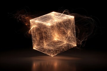 Glowing orange cube with sparkling network connections on black background