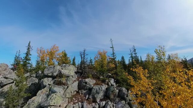 A picturesque view of the rugged Southern Urals mountain range in Russia during the autumn season. The footage captures large, grey rock formations and slopes covered in a dense forest with vibrant ye