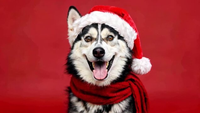 A happy husky dog wearing a red Santa hat and matching scarf, smiling at the camera against a vibrant red background.