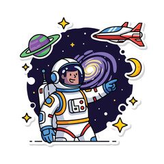 Fototapeta premium A cartoon astronaut points at a swirling purple galaxy