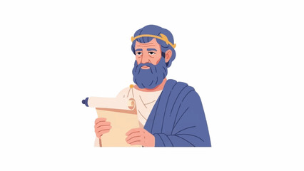 Stylized illustration of an ancient Greek man with a blue beard and laurel wreath holding a scroll.