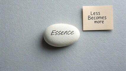 White pebble with 'Essence' text on grey surface