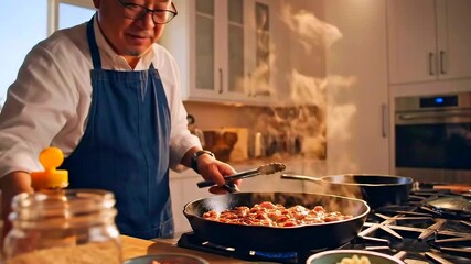 Home chef adding sauce to pan with sizzling vegetables and rising steam in bright family kitchen, blue apron, bowls of chopped ingredients on counter, seasoning bottle pouring, hands - Powered by Adobe