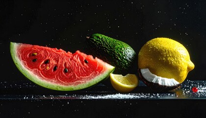 Sliced melon, lemon, coconut, avocado on dark