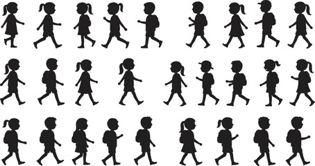 Silhouettes of children walking to school, kids with backpacks, students in uniform, education concept, group illustration, vector set