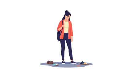 Young woman with a shoulder bag looking down at her personal belongings spilled on the ground.