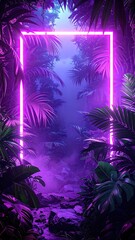 Neon rectangle in jungle; vibrant, purple, ethereal scene