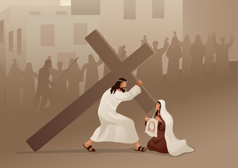 Biblical vector illustration series. Way of the Cross or Stations of the Cross, sixth station, Veronica wipes the face of Jesus.