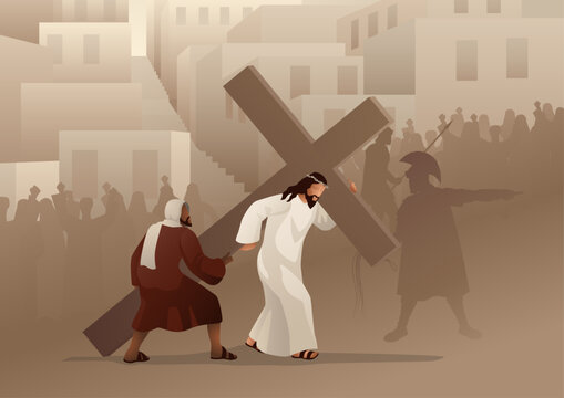 Biblical vector illustration series. Way of the Cross or Stations of the Cross, fifth station, Simon of Cyrene helps Jesus carry his cross.