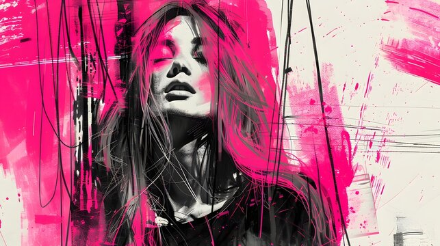 Modern Gyaru Aesthetic Background with Neon Pink Accents and Sketch Textures
