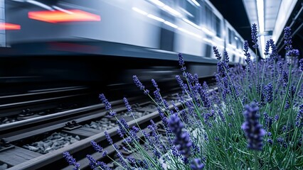 Lavender stems growing densely along a subway track edge with a motion-blurred hovering transit pod in the background