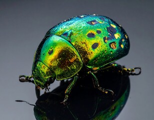 Fototapeta premium Iridescent beetle with green, yellow, and black spots reflecting on shiny surface