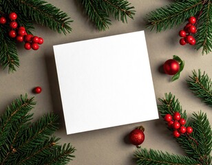 Festive white square framed by evergreen boughs and red berries