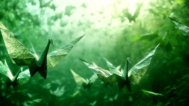 Paper cranes flying through a lush green forest