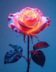 Glowing rose, pink petals, electric aura, blue background