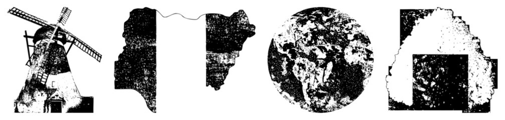 Vintage Windmill, Abstract Silhouettes, and Textured Circular Portrait