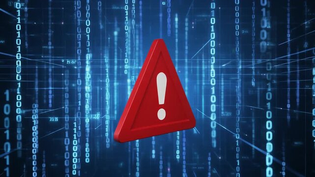 Red triangular warning sign with white exclamation mark on digital blue binary background symbolizing cybersecurity alert