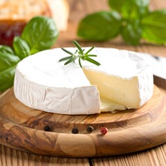 Brie cheese with rosemary sprig on wood board, basil, and bread in background. Soft, creamy, delicious