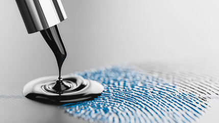 Conceptual Image of Black Ink Dripping onto a Blue Fingerprint Texture, Biometric Security and Forensics