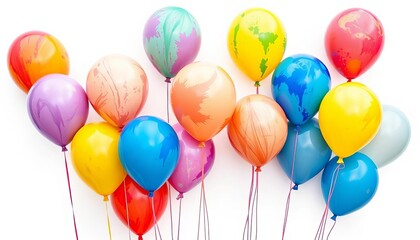 Vibrant, colorful painted balloons against a stark white background, decoration, design