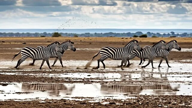 A dynamic herd of zebras running through a wet landscape.