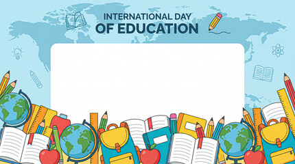 International Day of Education Background with School Supplies and World Map Frame, Vector Illustration Template with Copy Space